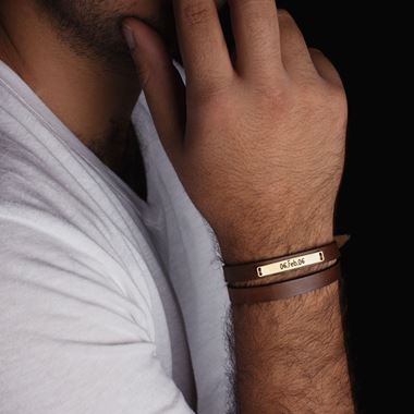 تصویر دستبند استیل چرمی دو دور بار
